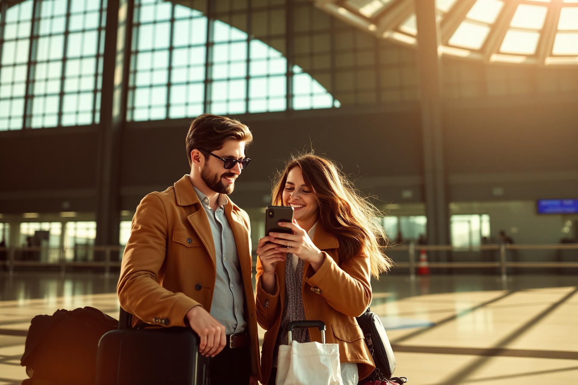 Couple at the airport ready to travel
